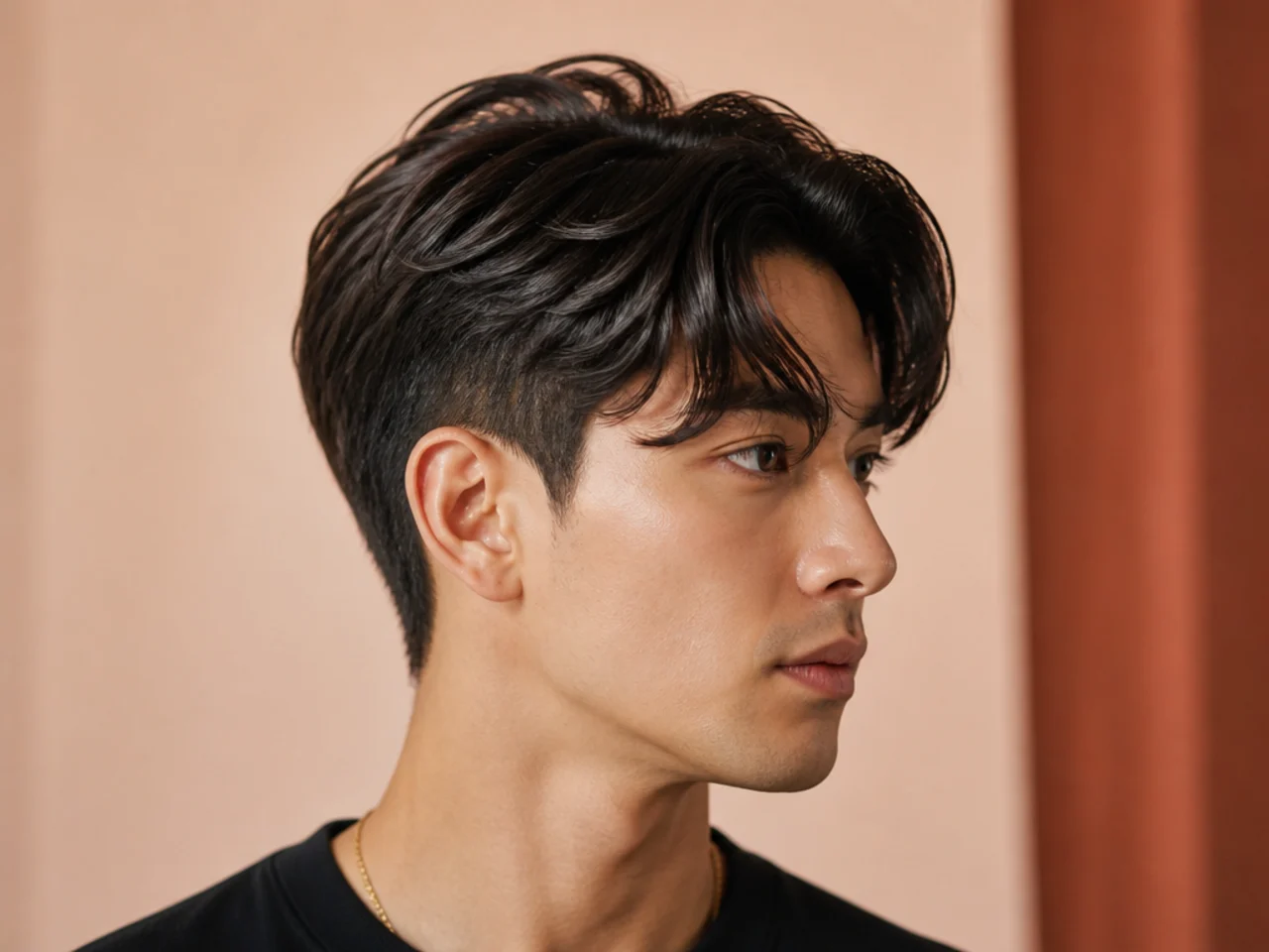 Comma-hair Korean two block with curled comma hook front on a young Korean man with straight black hair