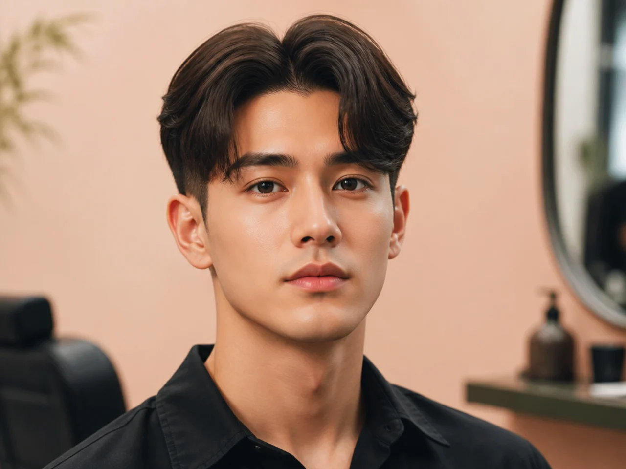 Middle part Korean two block with four inches on top parted straight down the center on a young Korean man