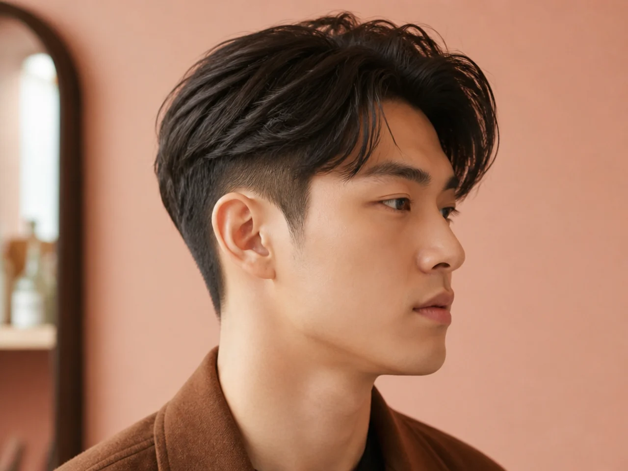 Side-swept Korean two block with off-center part and top swept to one side on a young Korean man