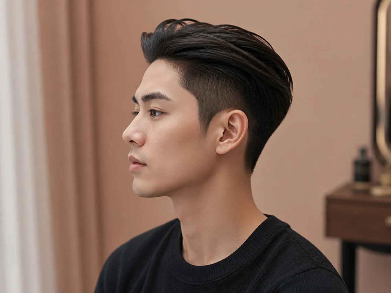 Brushed-back Korean two block with top pushed backward off the forehead on a young Korean man