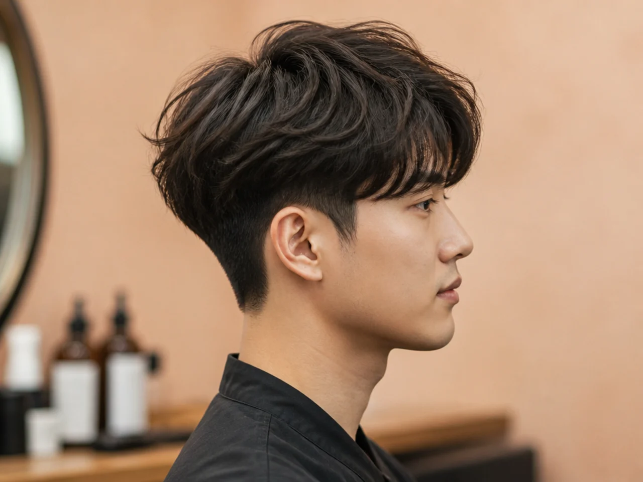 Fluffy volume Korean two block with soft airy top and hidden clipper sides on a young Korean man