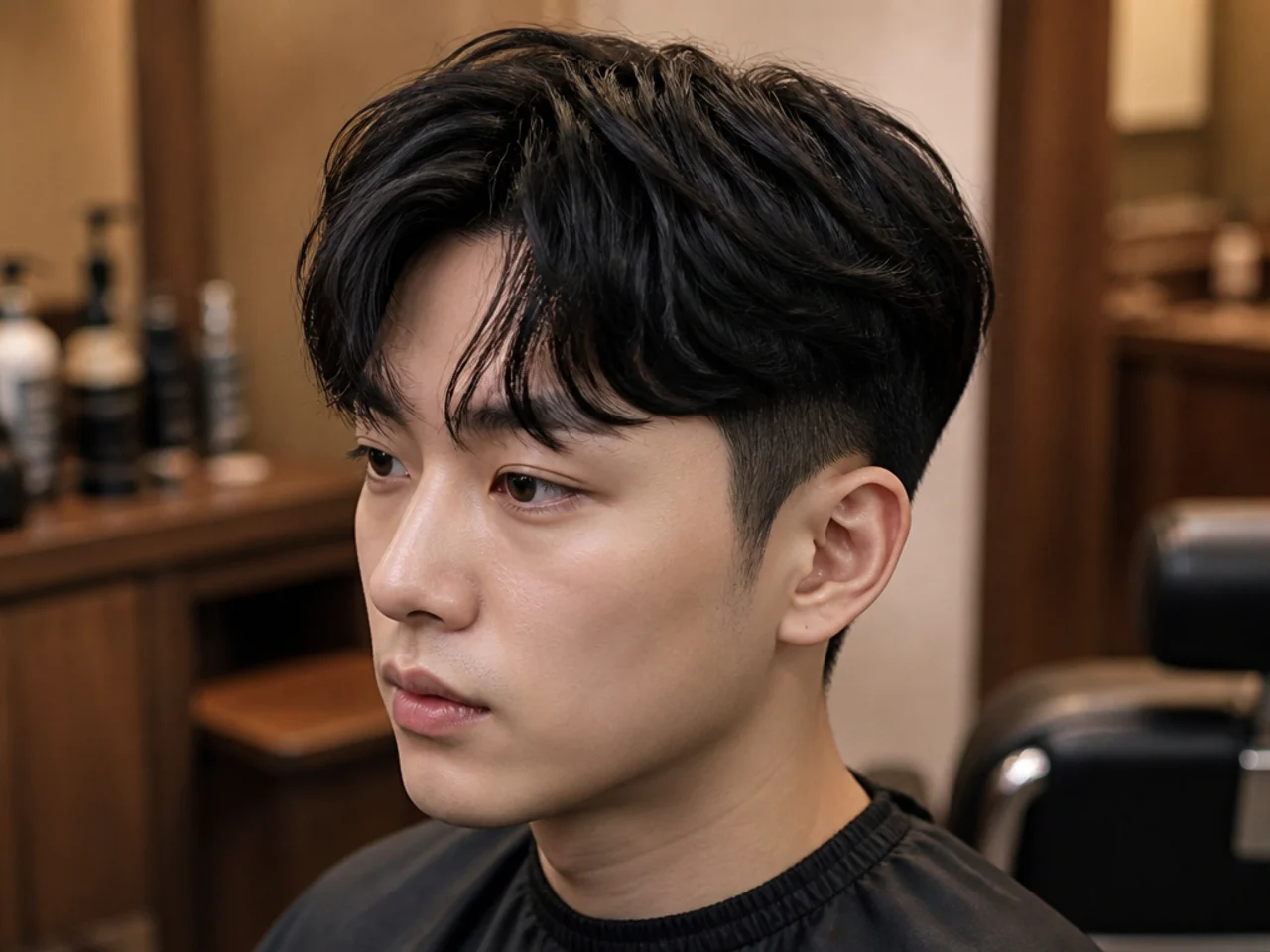Korean man in a barber chair consulting on a Korean two block with reference photos on a phone