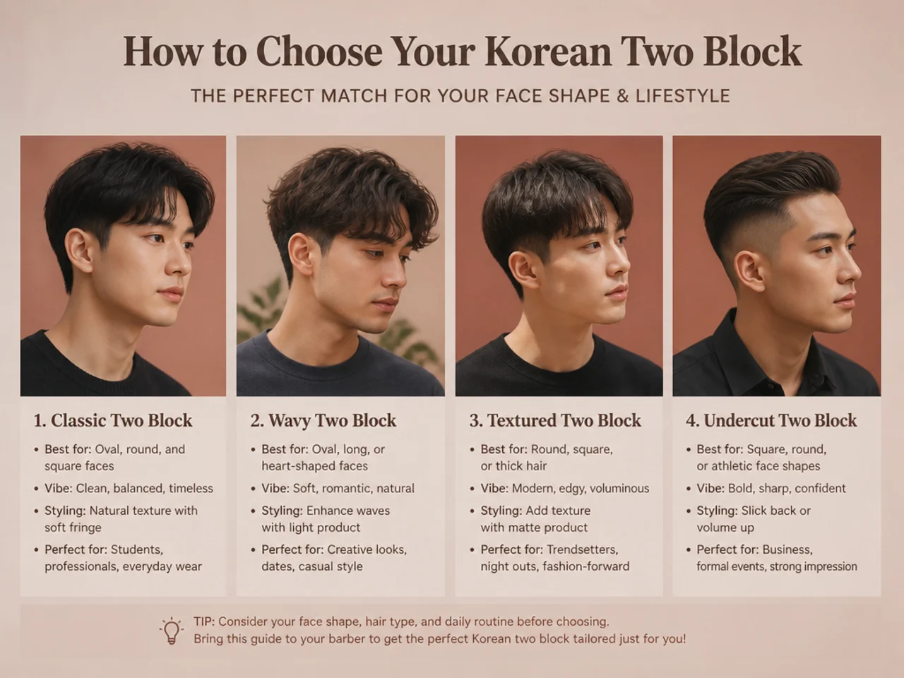 Three-quarter side profile of a Korean man wearing a two block haircut showing the horseshoe line at the temple