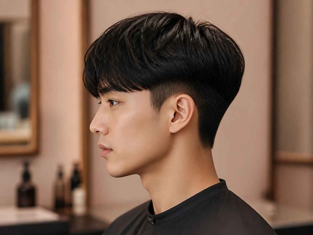 Korean two block haircut on a young Korean man with silky straight black hair draping over hidden clipper sides