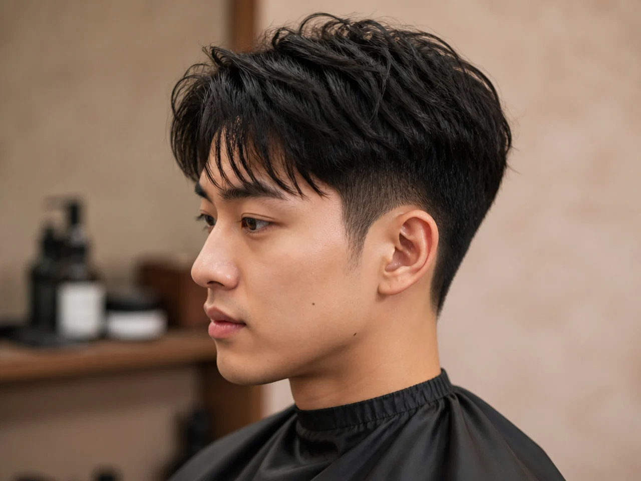 Short Korean two block with a subtle low taper at the sideburn on straight black Asian hair