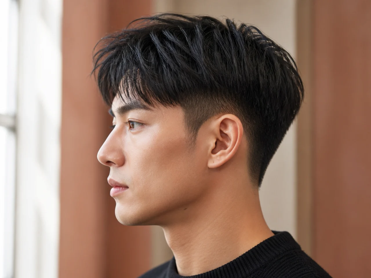 Short Korean two block undercut with hard-line disconnect at the temple on straight black hair