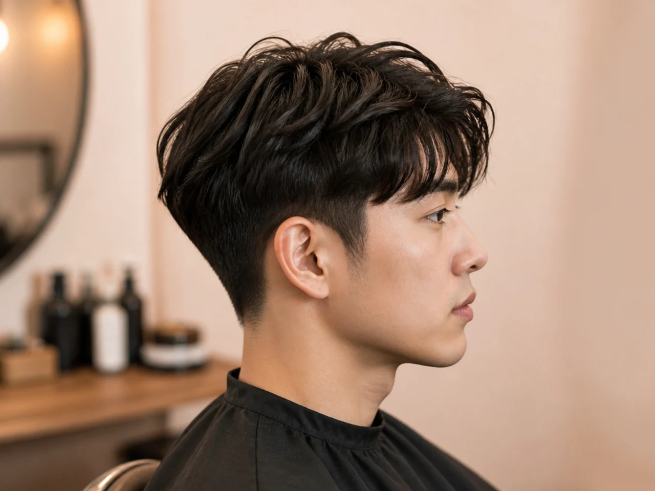 Short wavy Korean two block with natural wave through the 3-inch top on medium black hair