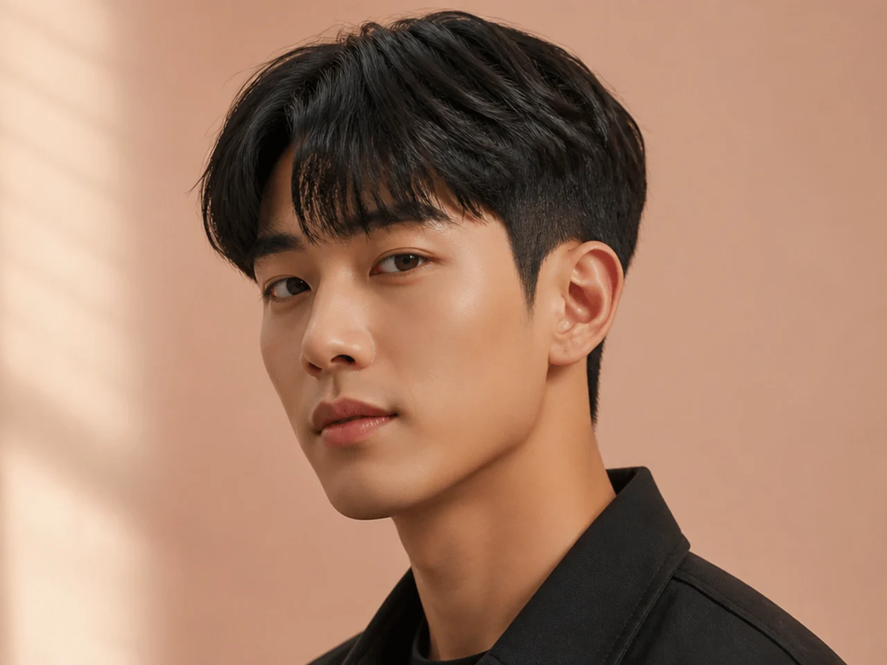 Short Korean two block with heavy forward fringe covering the forehead on straight black hair