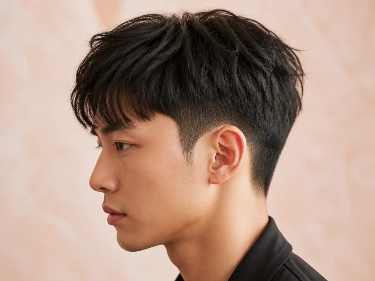 Short boyish Korean two block with soft rounded top and hidden one-guard sides on glossy black hair