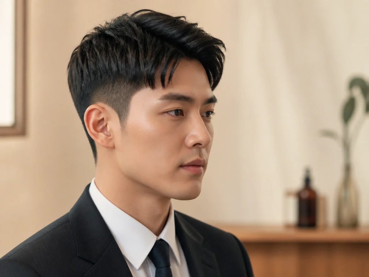 Short corporate Korean two block with 1.5-inch scissor-cut top and clean blended sides on straight black hair