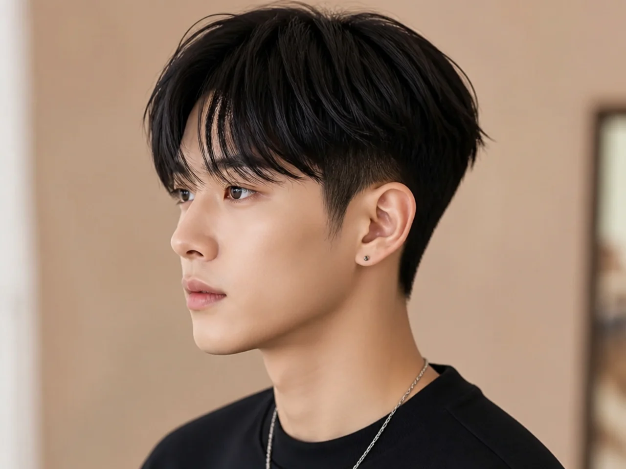 Short K-pop idol two block with 2.5-inch glossy top and hidden one-guard sides on straight black Asian hair