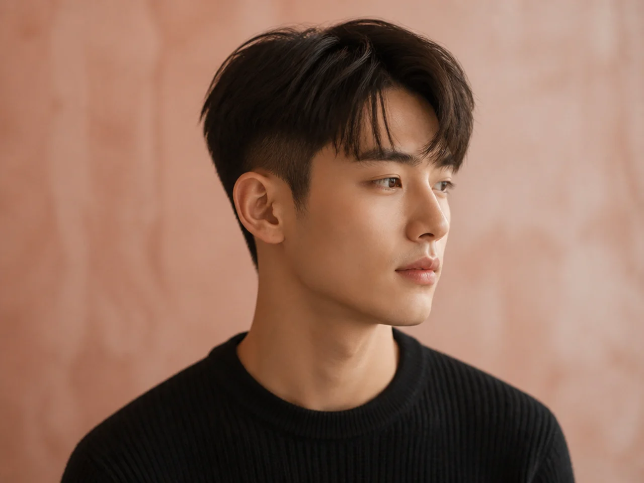 Short K-drama two block with 2.5-inch top and soft side-sweep front on glossy black hair