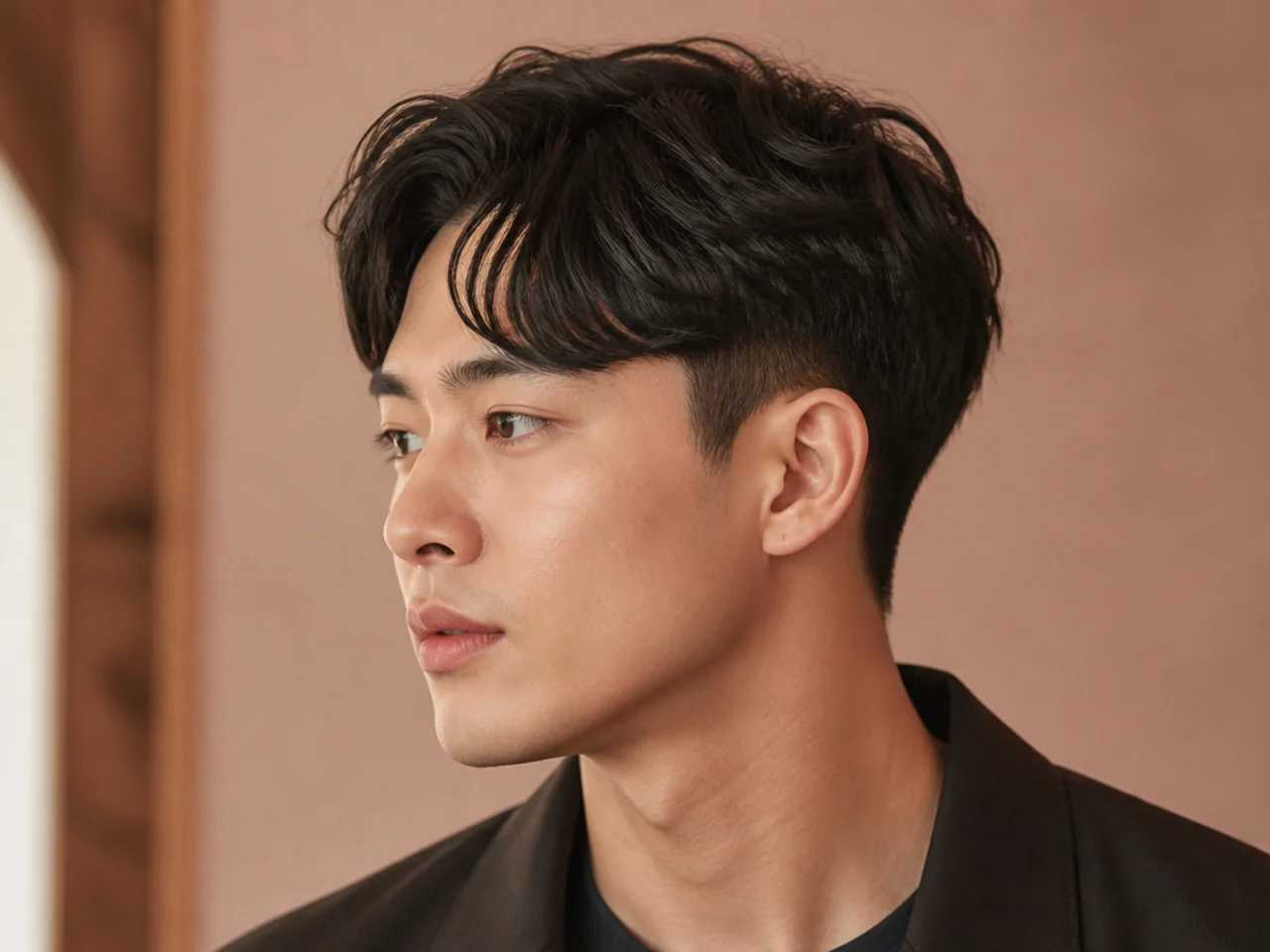 Short comma two block with curled front hook and hidden two-guard sides on straight black Asian hair