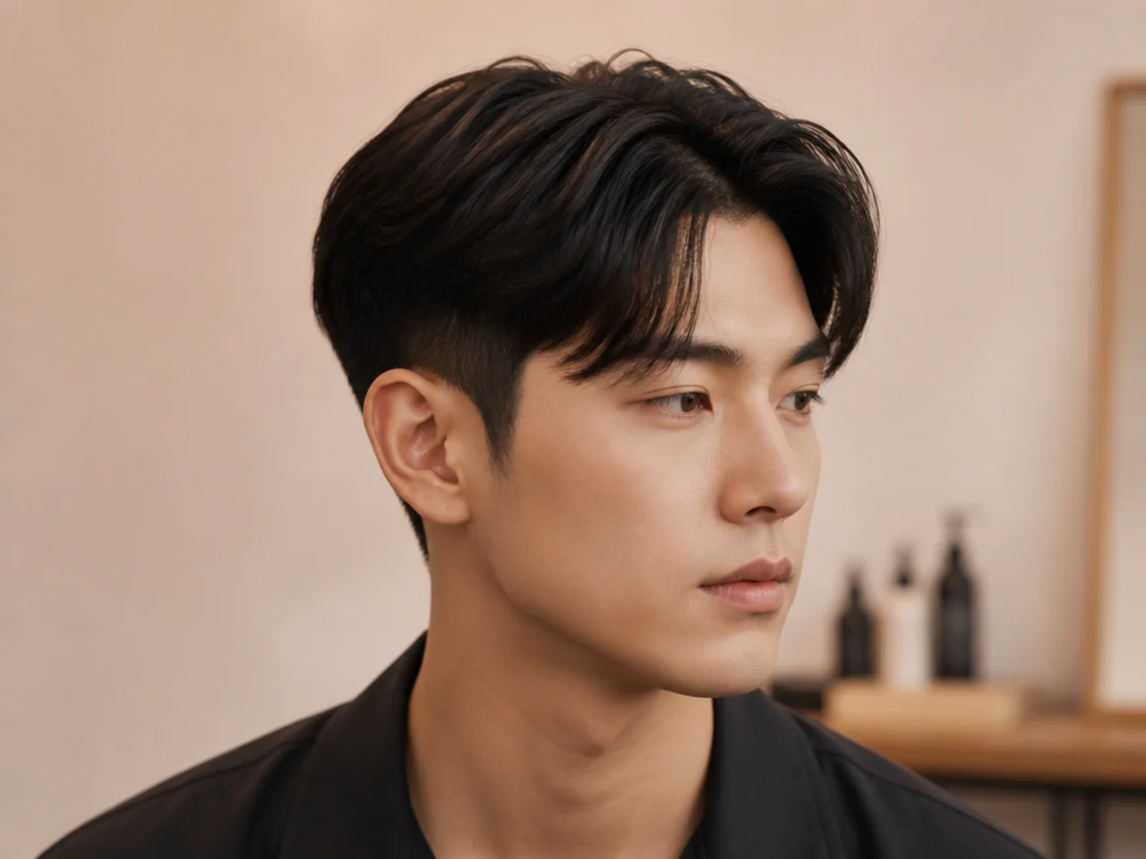 Short middle-part Korean two block with 3-inch top parted down the center on straight black Asian hair