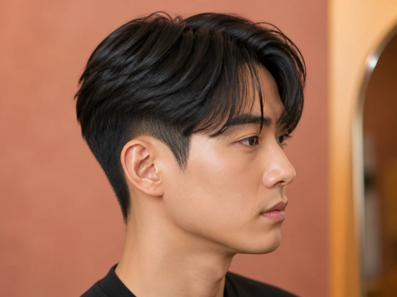 Short curtain Korean two block with center-parted fringe just above the eyebrows on straight black hair