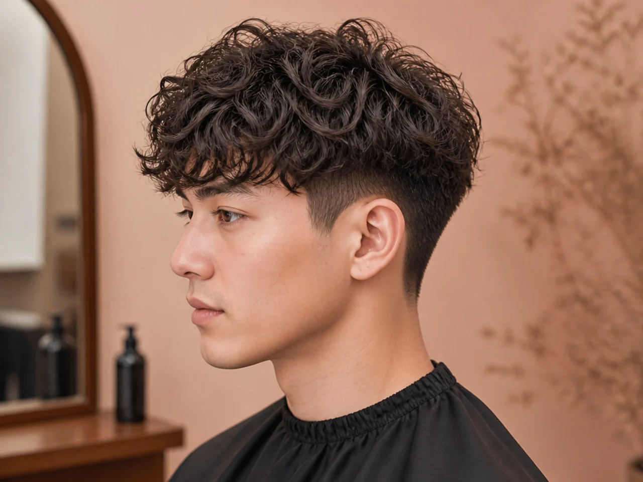 Short permed Korean two block with soft C-curl volume on top and hidden two-guard sides