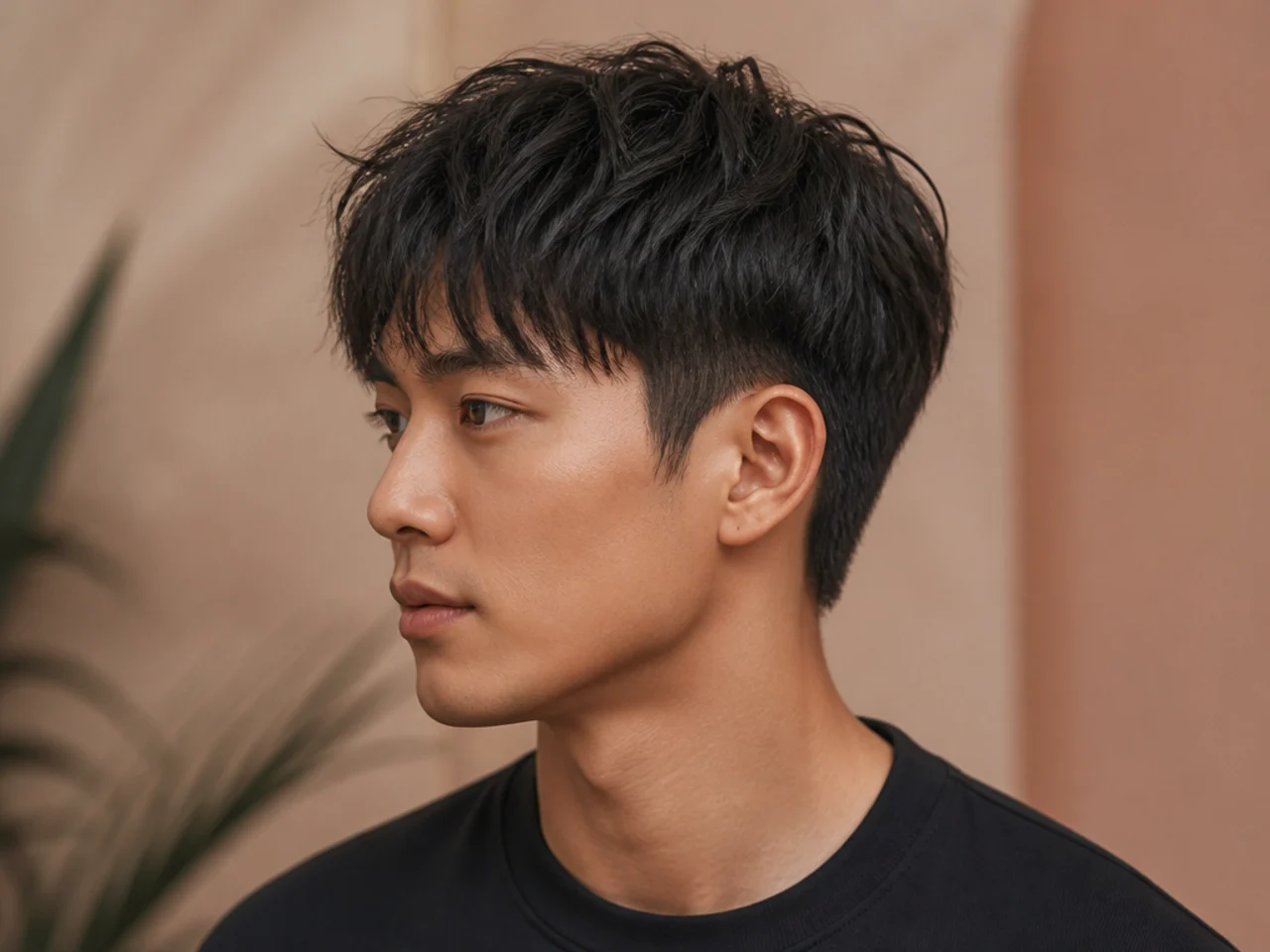 Short textured Korean two block with piecey point-cut ends on glossy straight black hair