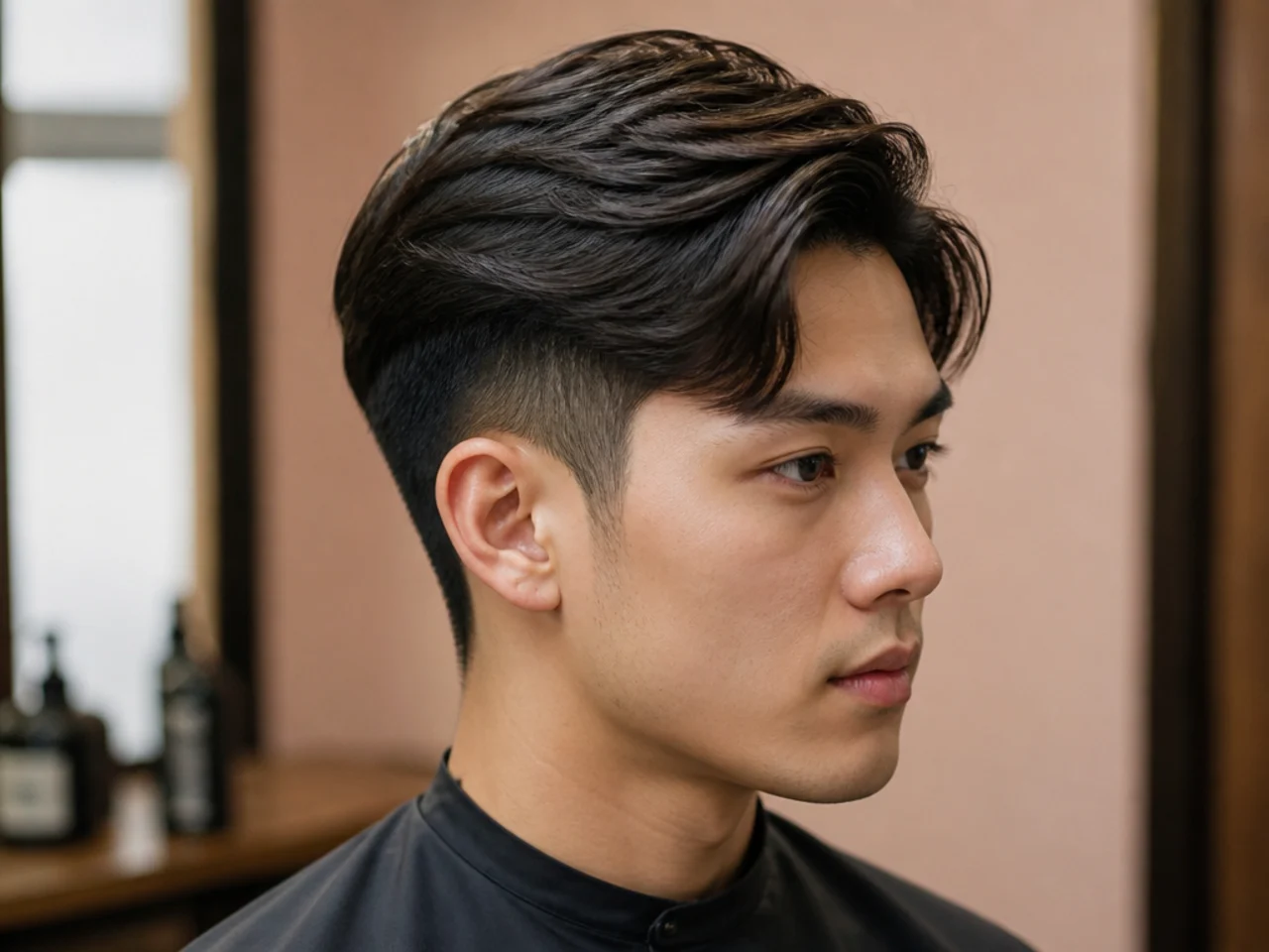 Short side-swept Korean two block with soft asymmetric top on glossy straight black hair