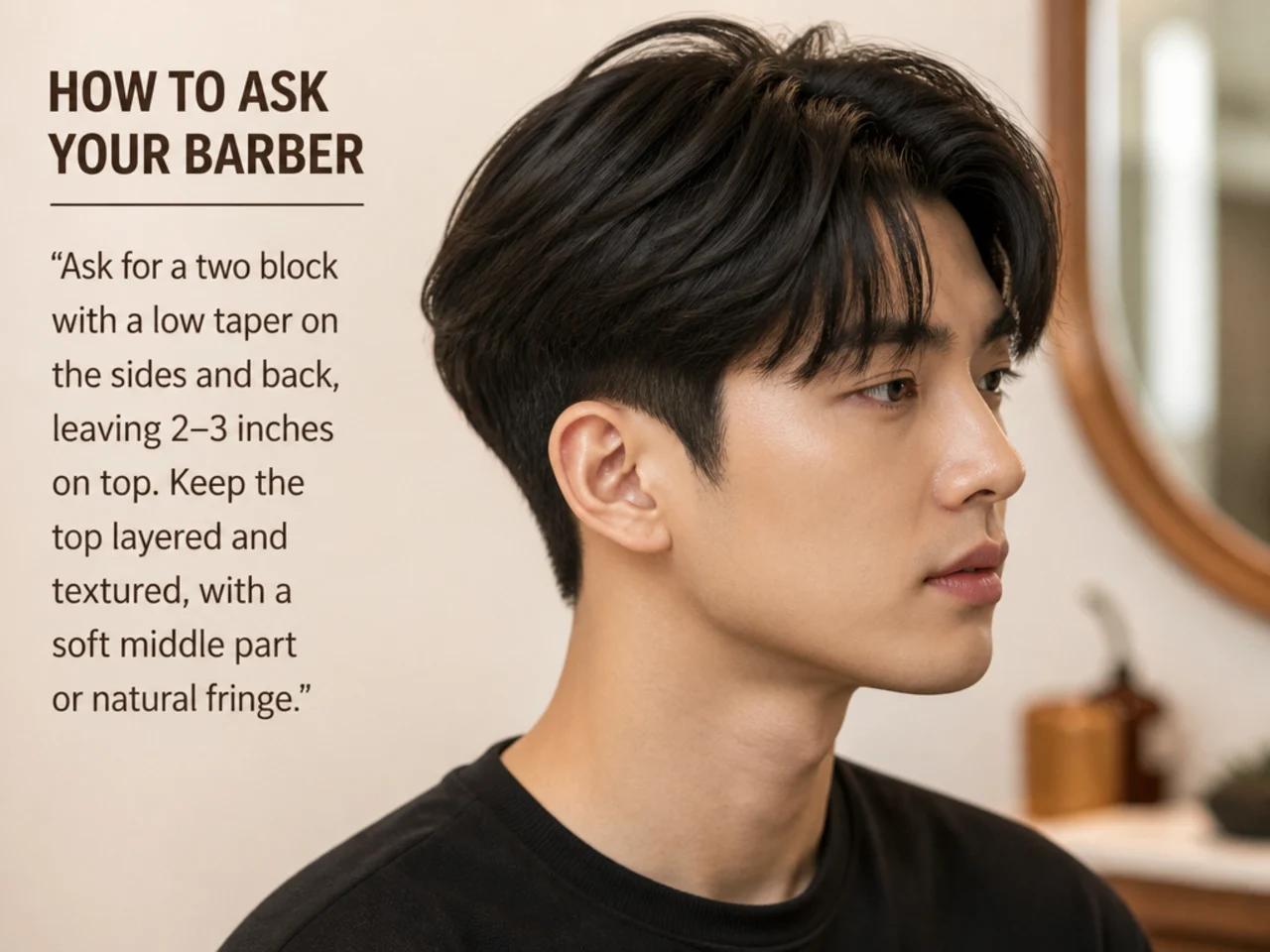 Barber consulting on a short Korean two block with reference photos on a phone