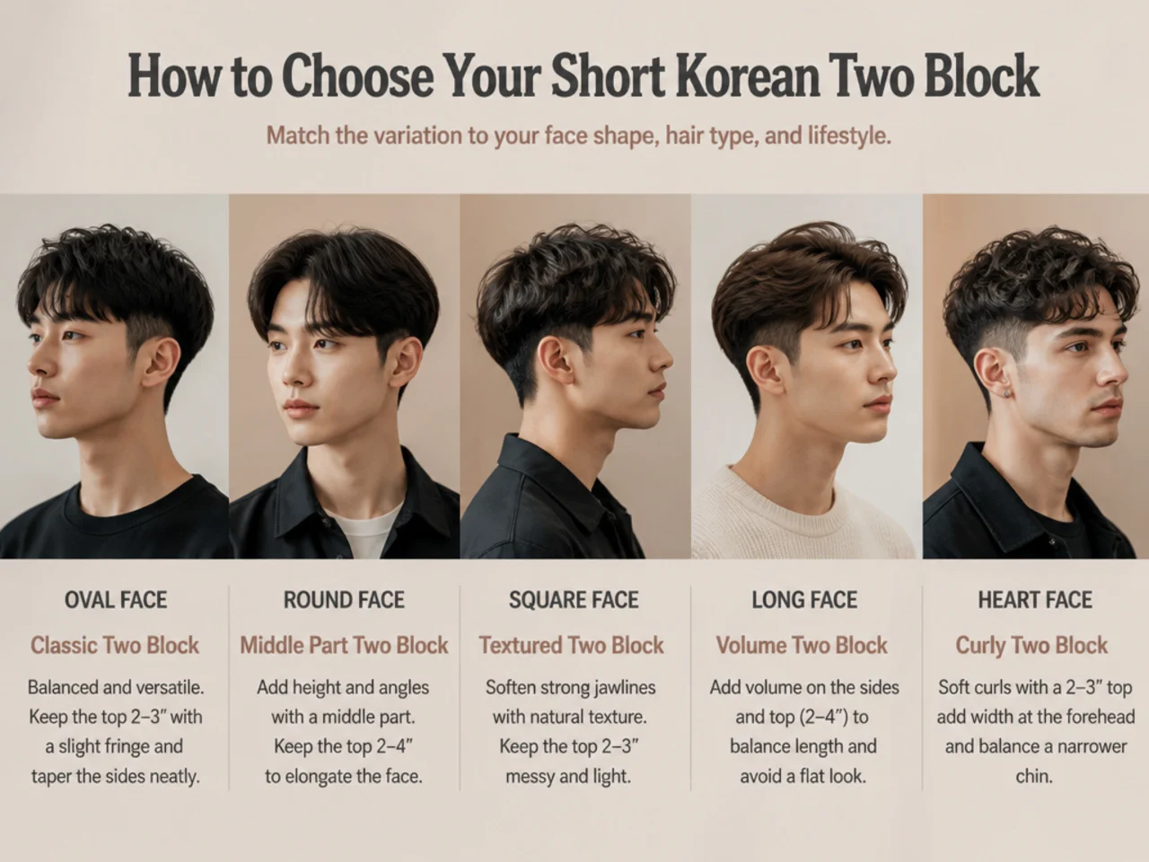 Three-quarter profile of a Korean model with a short two block showing the horseshoe line and glossy scissor-blended sides
