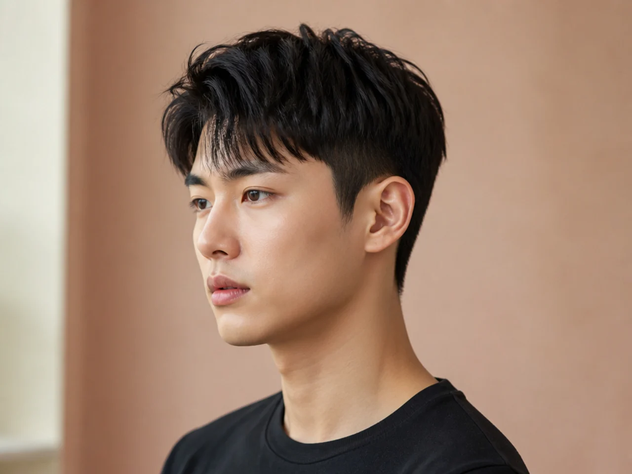 Short Korean two block haircut with 2-inch glossy top and hidden one-guard sides on straight black hair