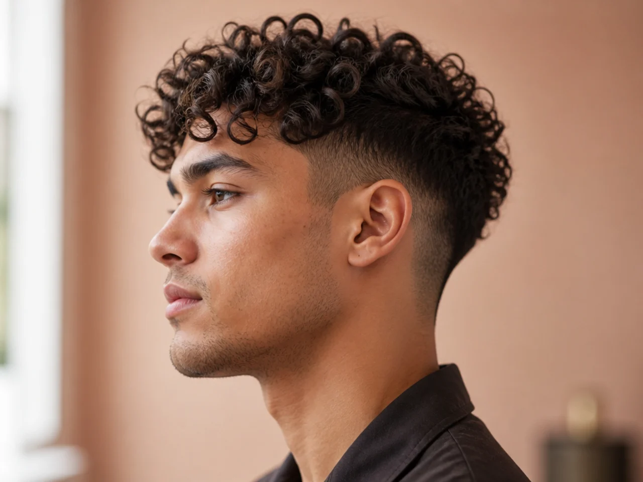 Curly two block undercut with defined curls draping over a half-guard hard-line disconnect on type 3 curly hair
