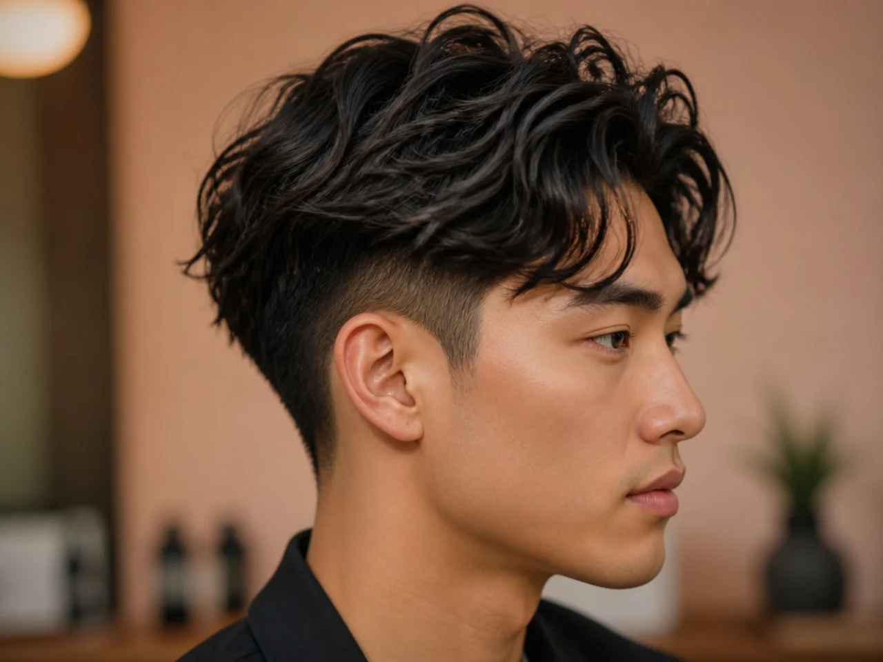 Wavy two block undercut with natural wave movement in the top length and a one-guard hard-line disconnect on medium wavy black hair