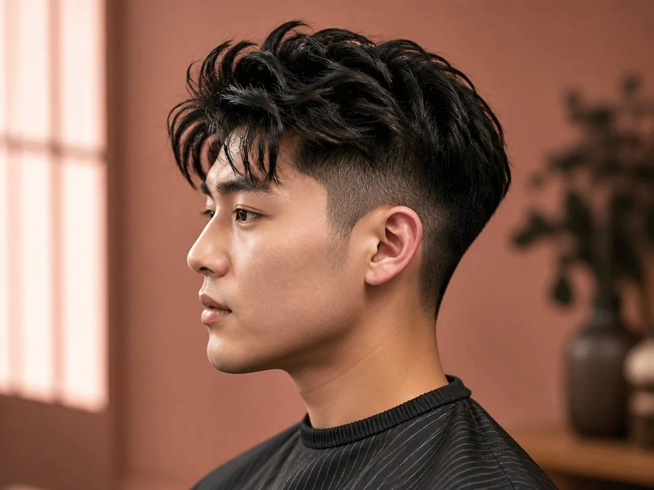 High two block undercut with the disconnect line sitting above the temple and a longer buzzed section on straight black hair