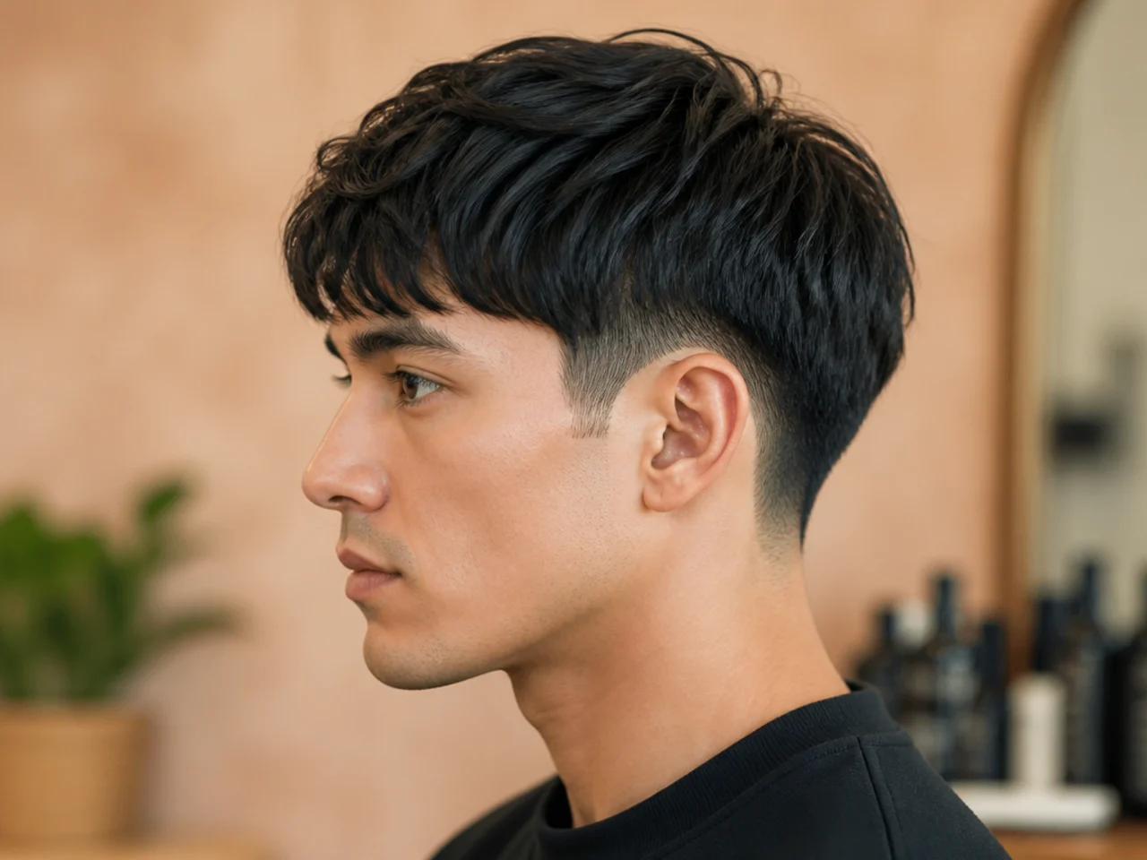 Low two block undercut with the disconnect line sitting close to the ears and hidden mostly under the top length on straight black hair