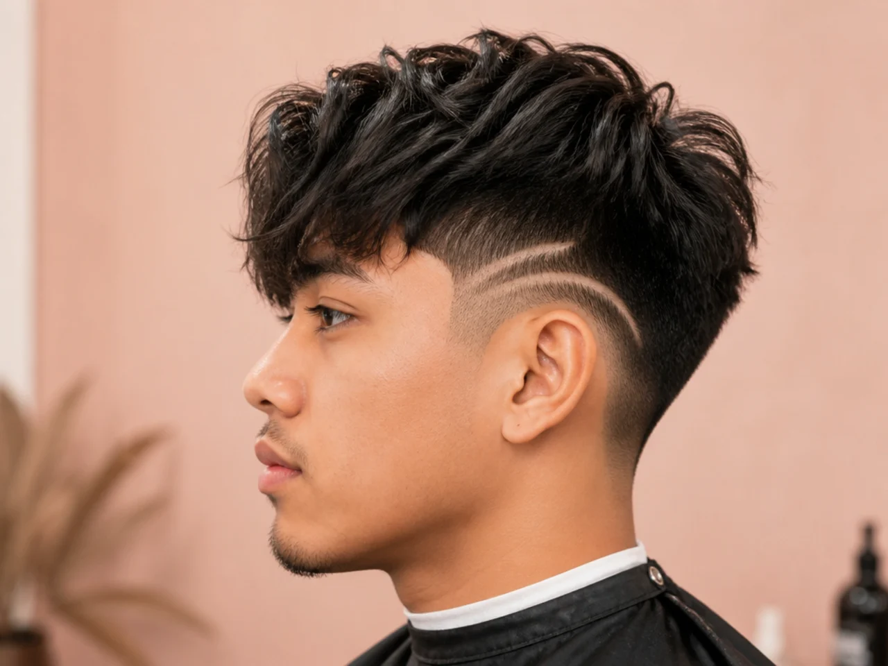 Two block undercut with etched hair design on the buzzed disconnected section shown when the top is tucked back on straight black hair