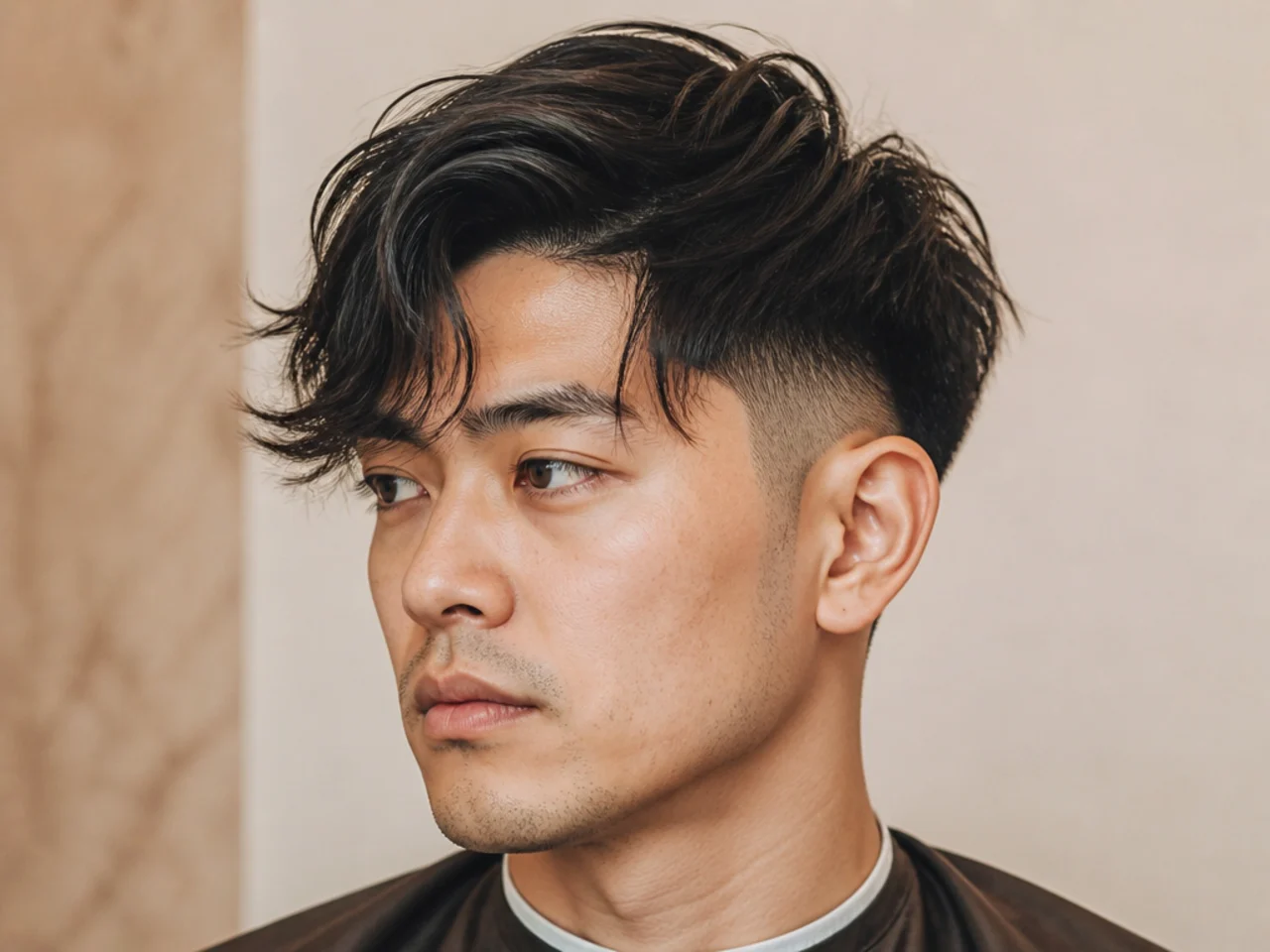 Asymmetric two block undercut with an offset part and heavier top on one side over a one-guard hard-line disconnect on straight black hair
