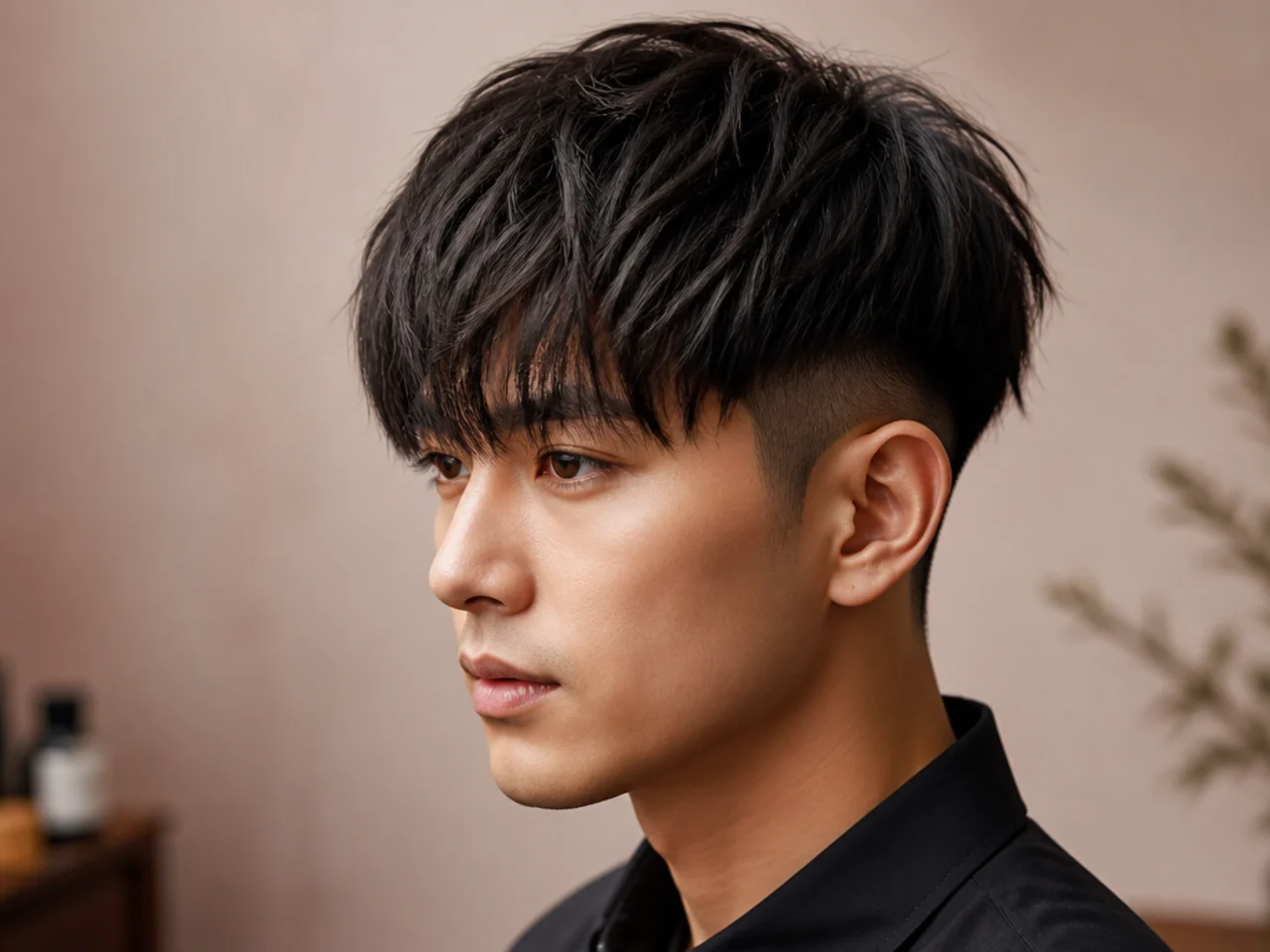 Fringe-heavy two block undercut with thick fringe covering the forehead over a one-guard hard-line disconnect on straight black hair