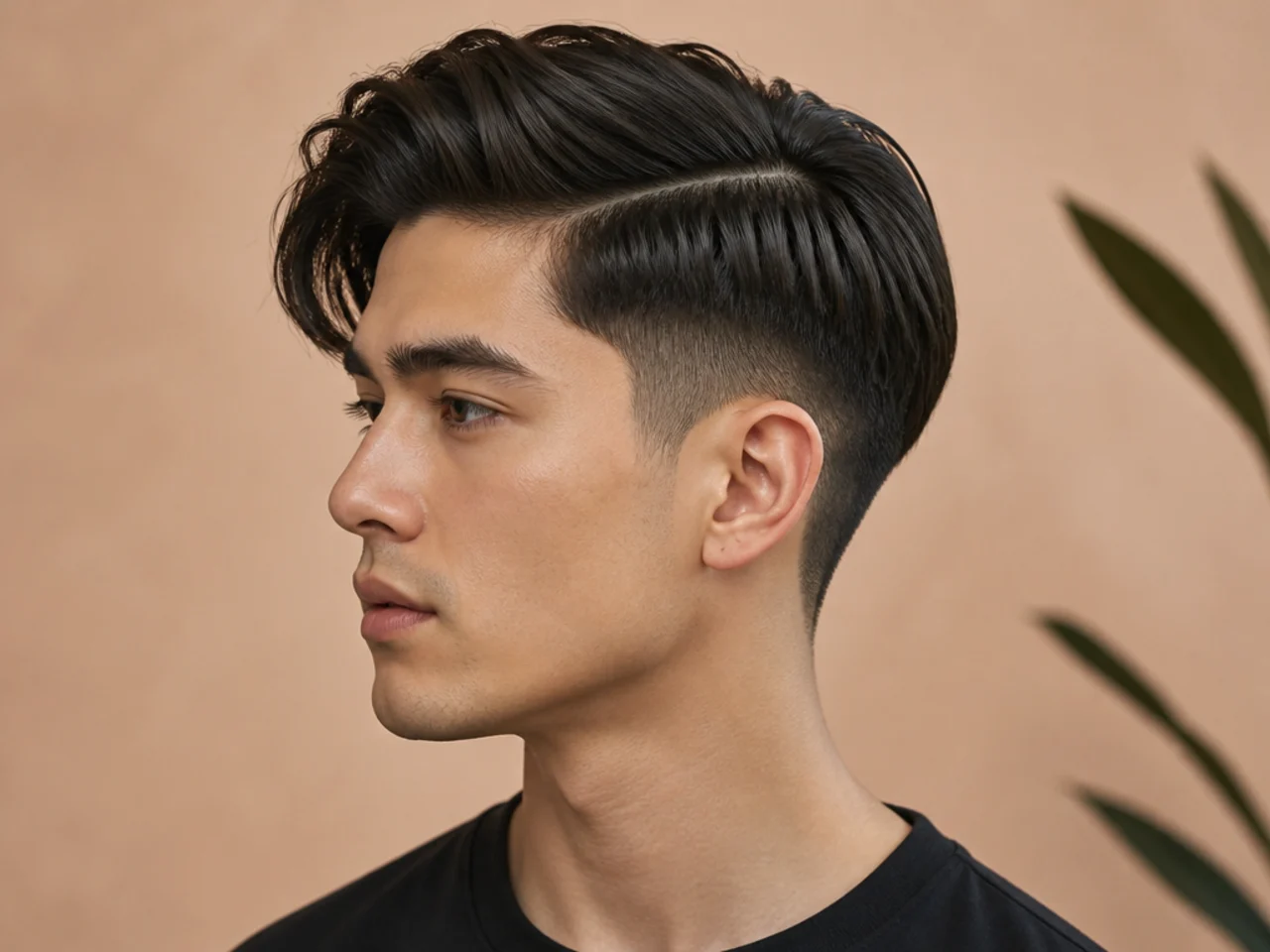 Side part two block undercut with a hard part and asymmetric top over a one-guard hard-line disconnect on straight black hair