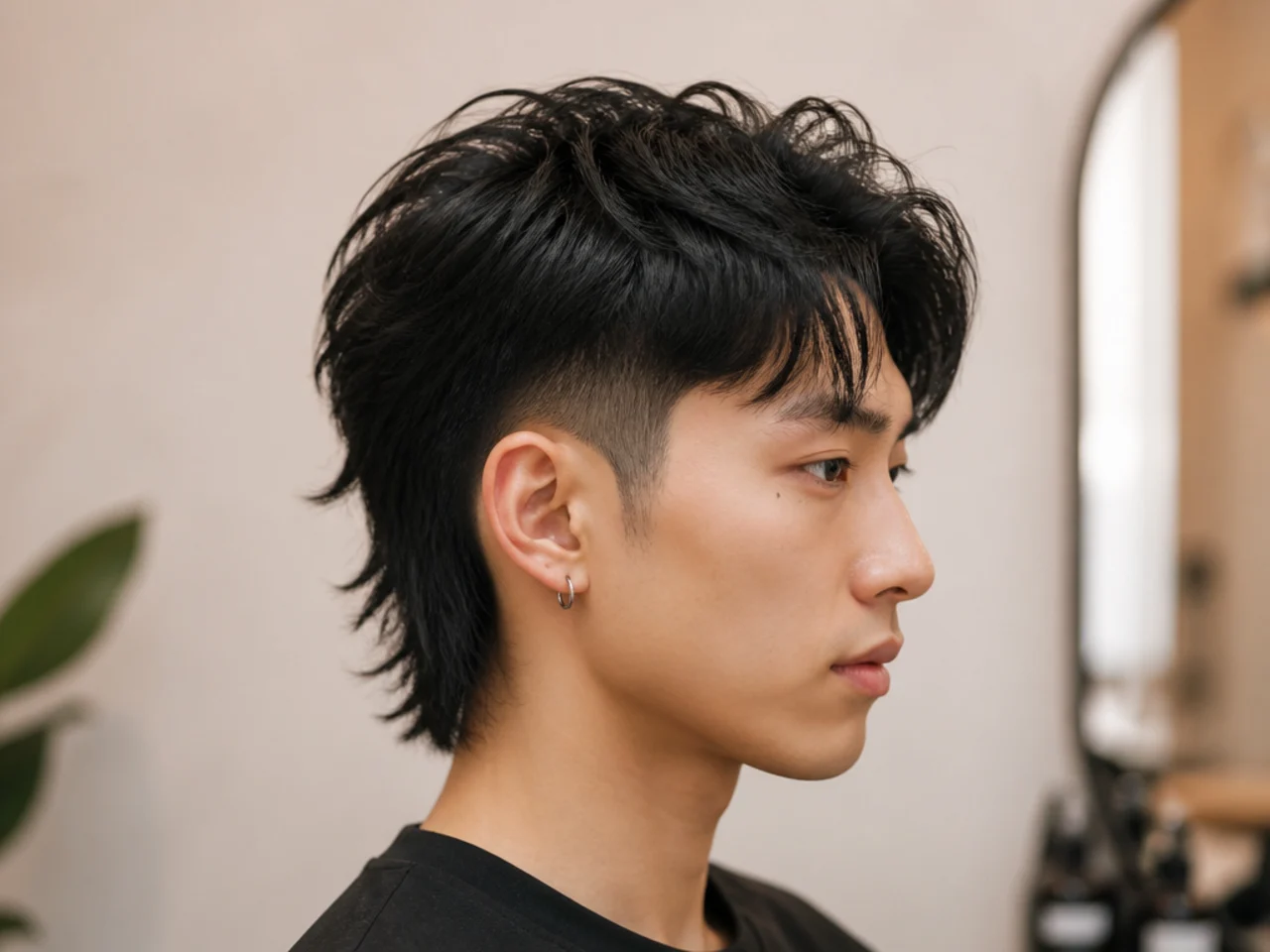 Mullet two block undercut with hard-line disconnect on the sides and length grown out past the collar in back on straight black hair