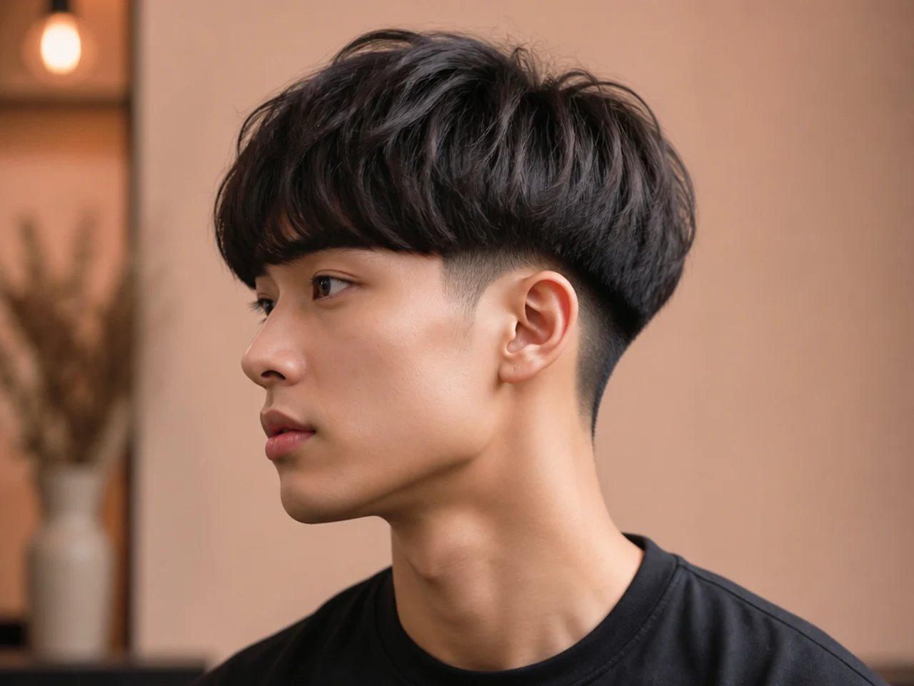 Bowl two block undercut with a round even top perimeter over a hard-line one-guard disconnect on straight black hair