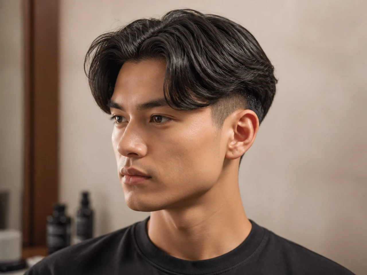 Middle-part two block undercut with center split and 5 inches of top curtains over a hard-line one-guard disconnect on straight black hair