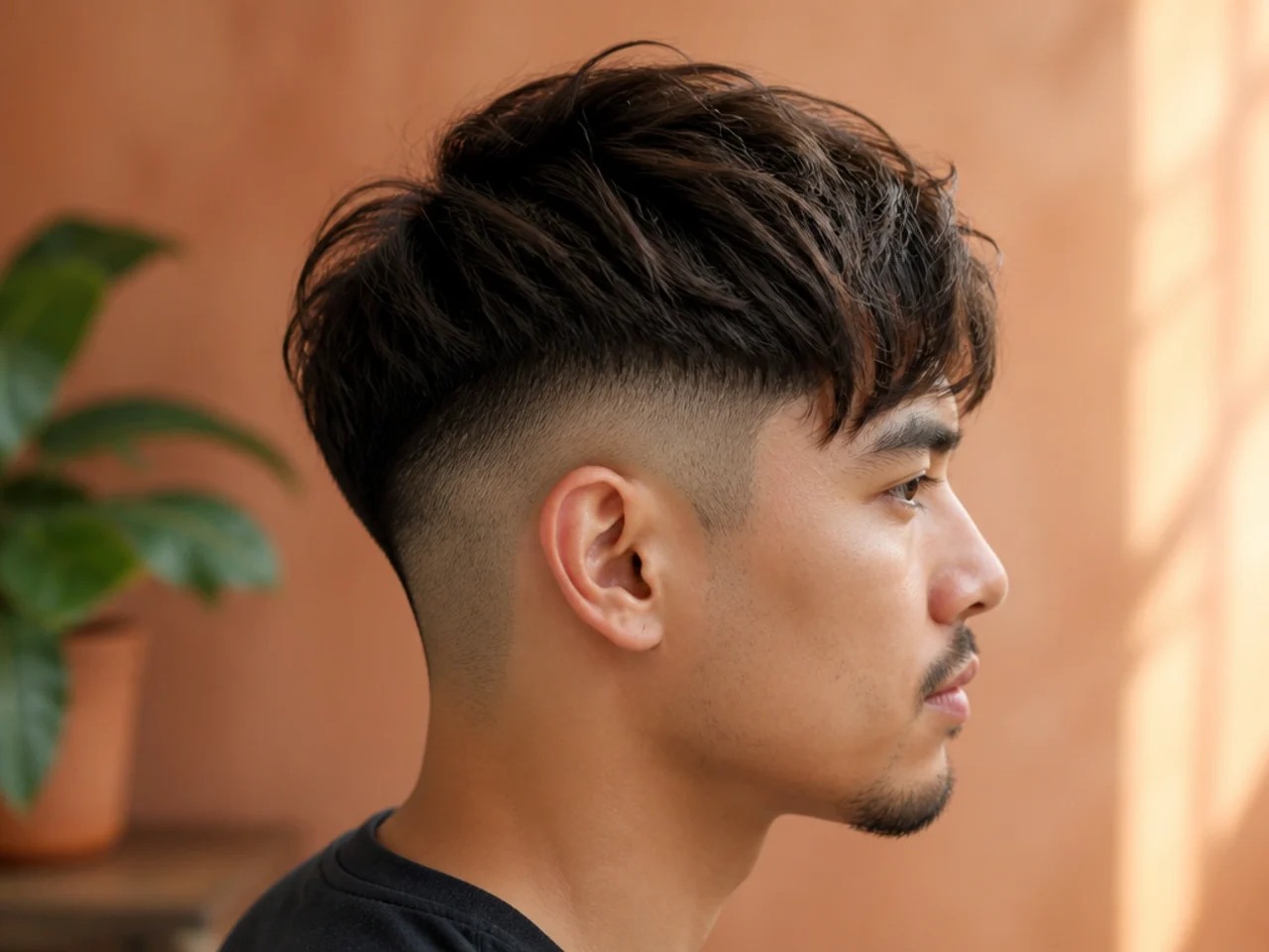 Grown-out two block undercut with soft blended sides and 6 inches of top draping over the transition line on straight black hair