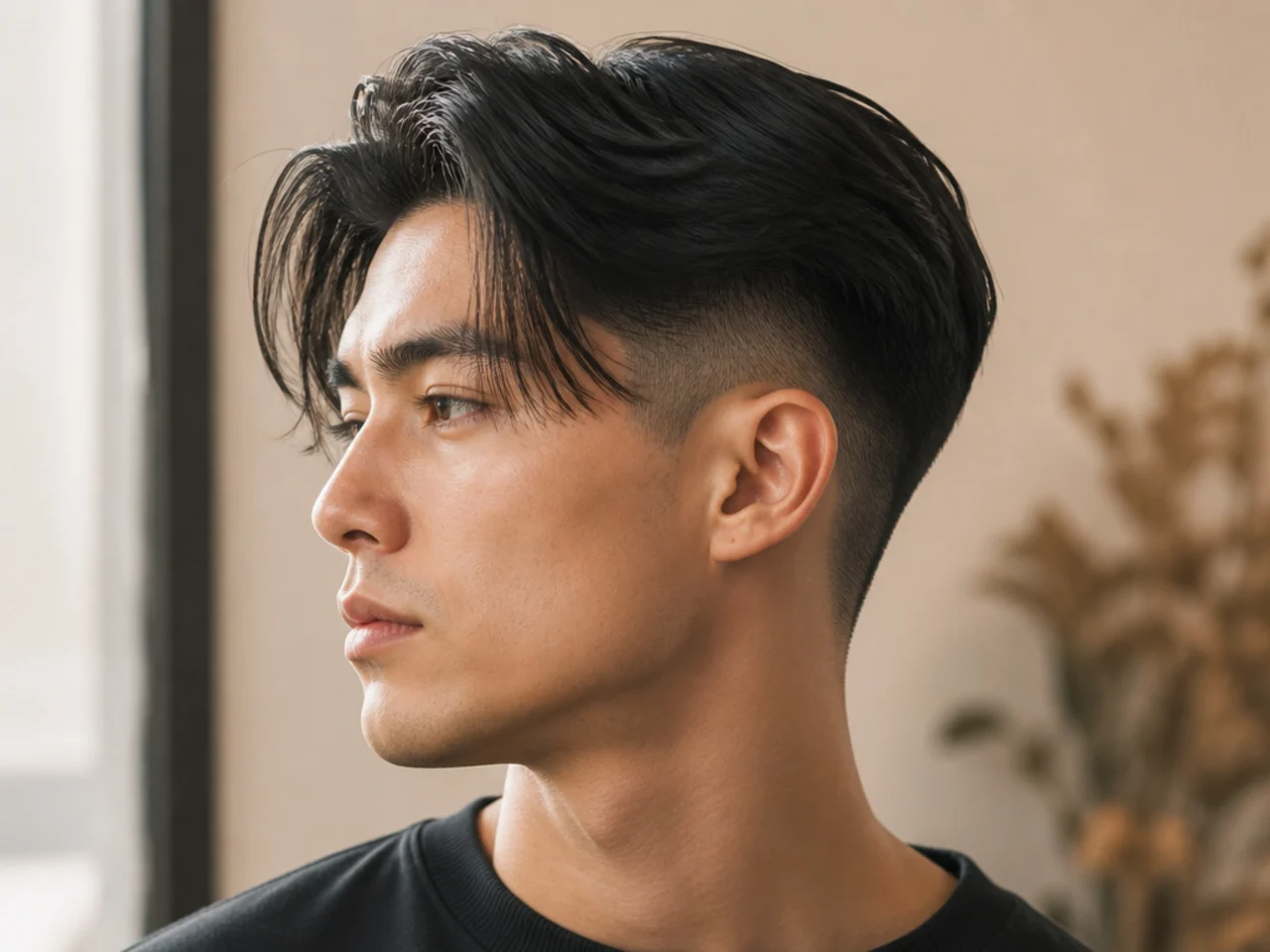 Long top two block undercut with 6 inches of draping top length past the brows and a zero-guard disconnect on straight black hair
