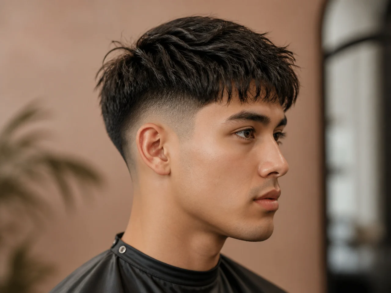 Short two block undercut with 3 inches of top length and a one-guard hard-line disconnect on straight black hair