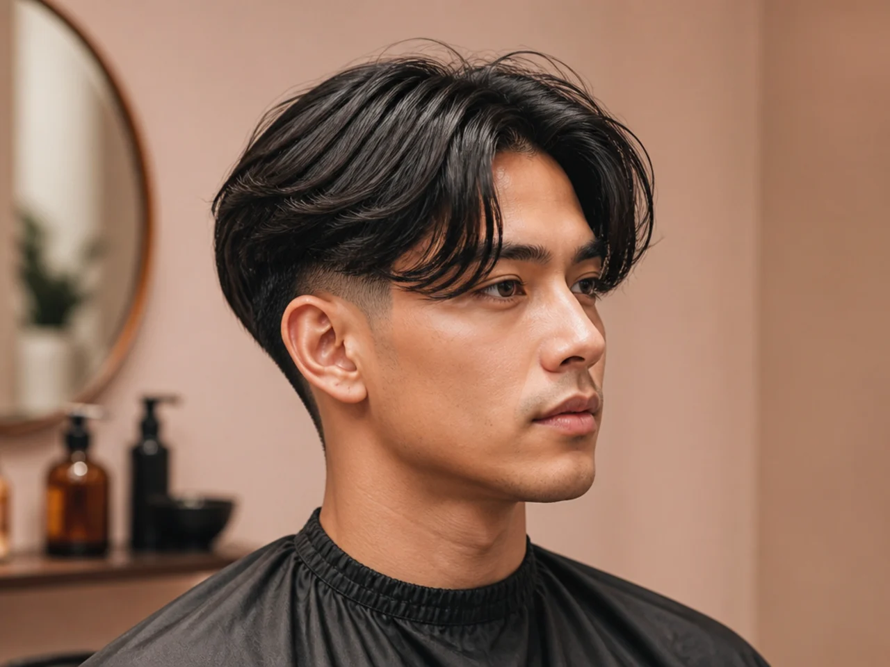 Curtain-front two block undercut with center-parted curtain panels over a hard-line one-guard disconnect on straight black hair