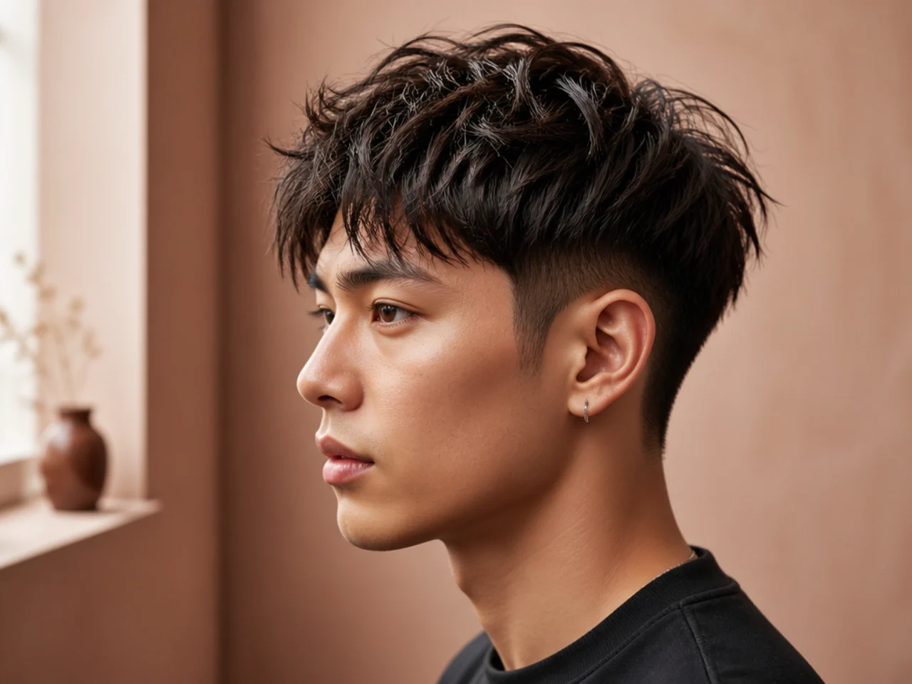 Textured two block undercut with point-cut piecey top layer over a hard-line disconnect on straight black hair