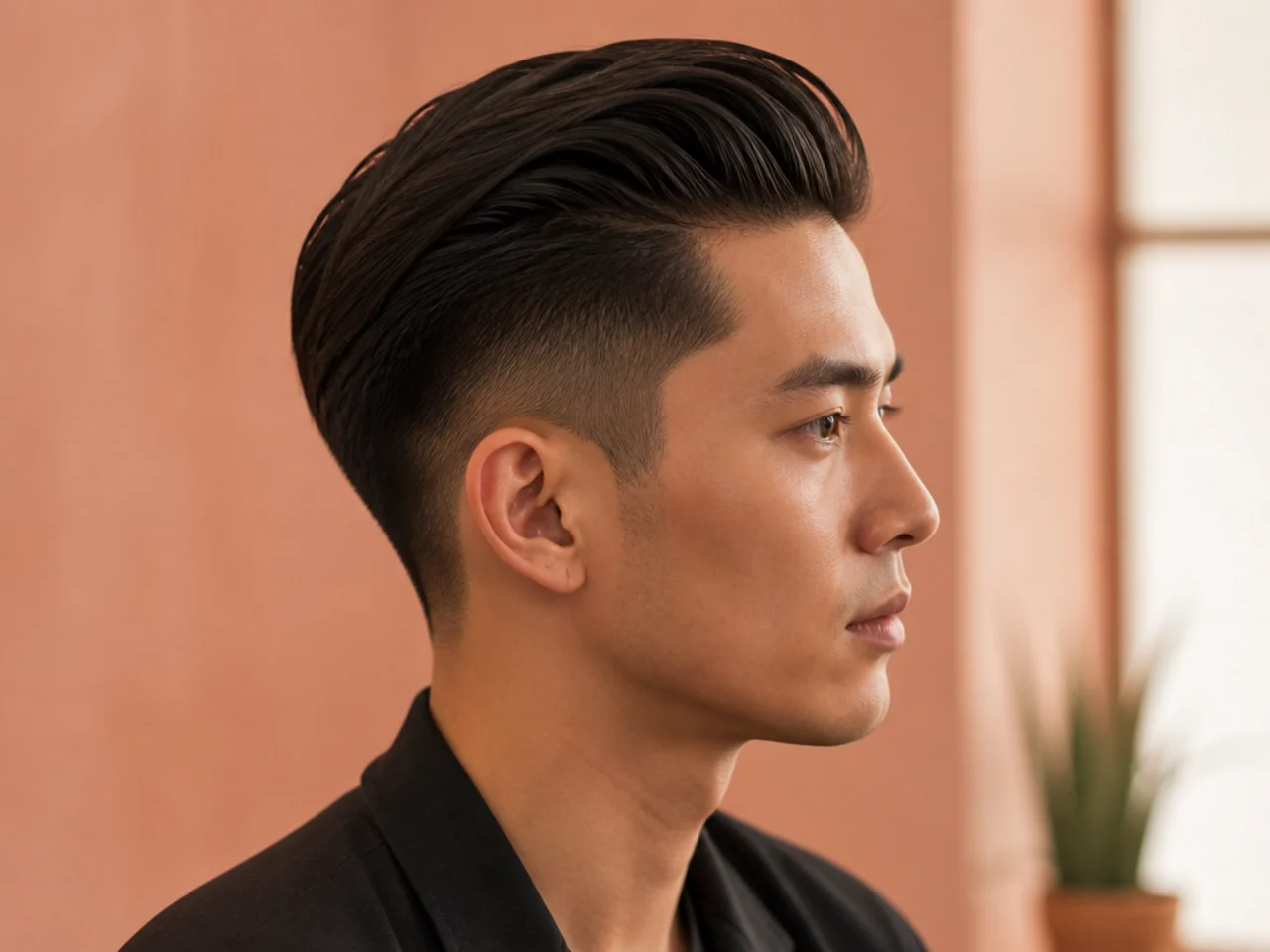 Slicked back two block undercut with polished top pushed straight back exposing a hard-line disconnect on straight black hair