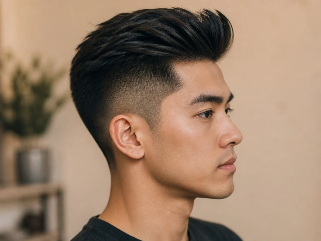 Brushed up two block undercut with vertical volume pushing the top up and back exposing the hard-line disconnect on straight black hair