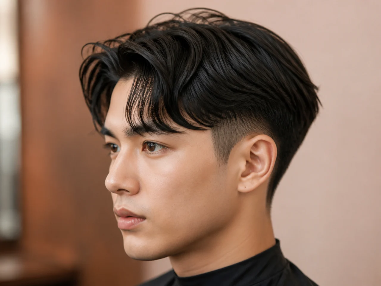 Comma front two block undercut with curled comma hooks framing the forehead over a hard-line one-guard disconnect on straight black hair