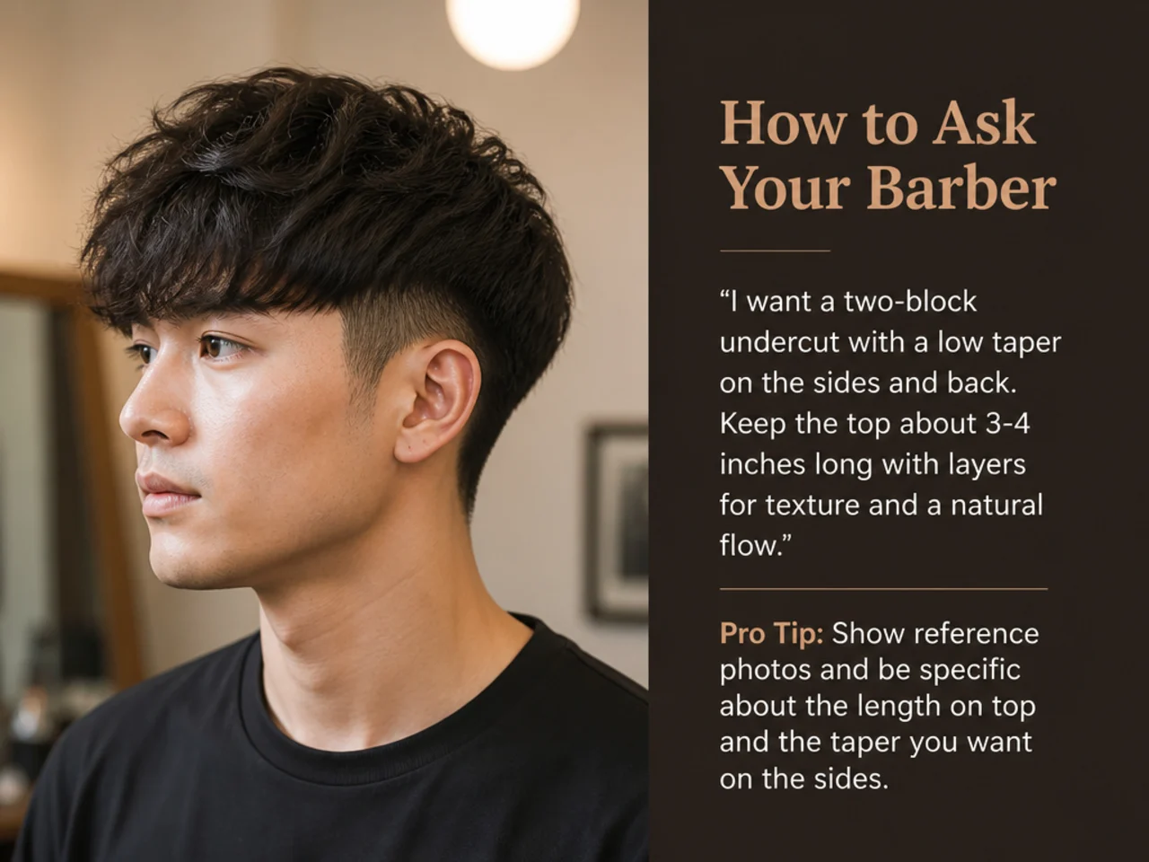 Barber consulting on a two block undercut haircut with reference photos on a phone in a warm barbershop