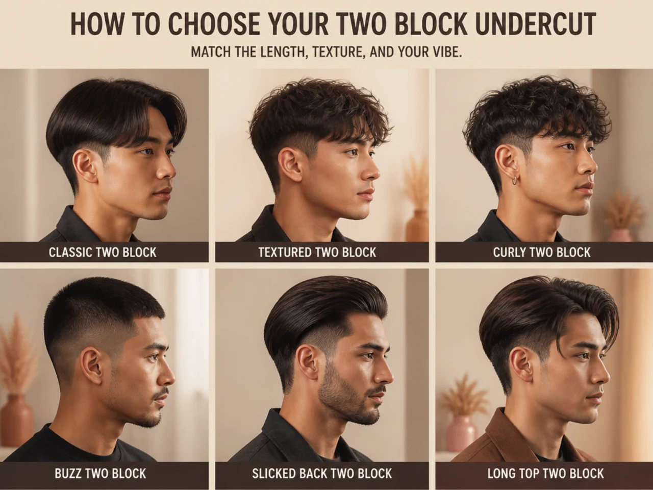 Three-quarter portrait of a two block undercut haircut showing length on top and hard-line disconnected clipper sides on a young man