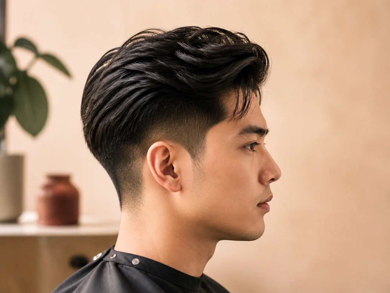 Round brush matte clay pomade and comb for styling a two block undercut haircut on a warm cream surface
