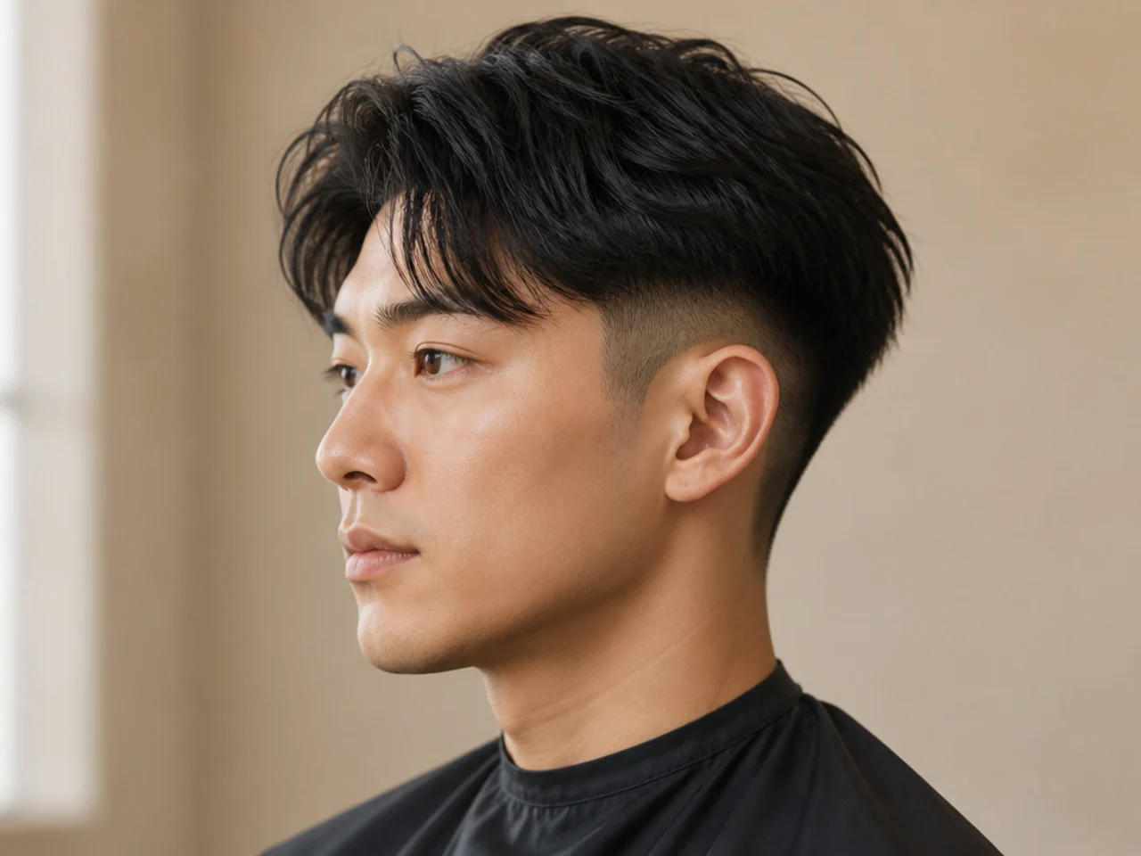 Two block undercut haircut with hard-line disconnect at the temple and 4 inches of styled top draping over the buzzed second block on straight black hair