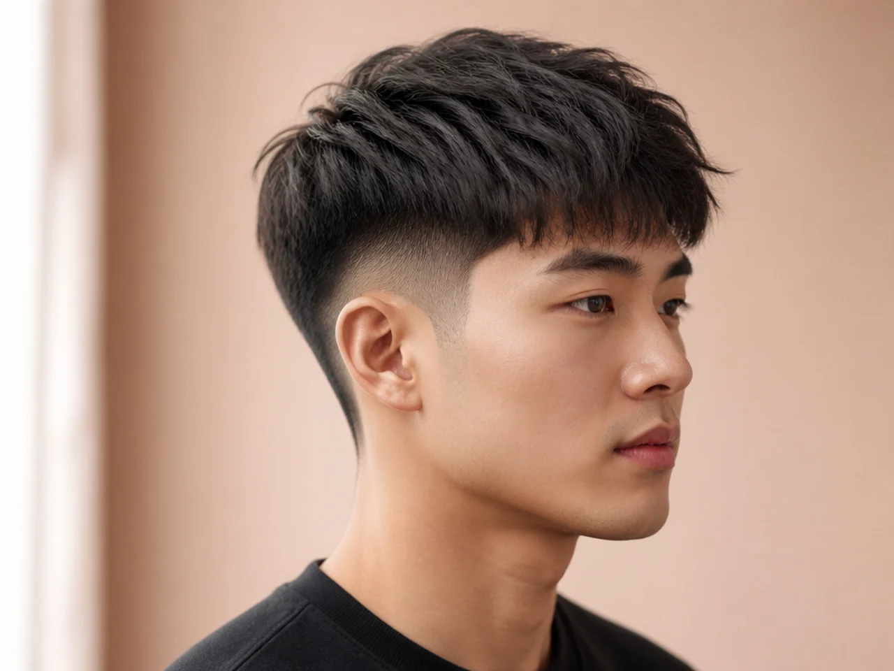Short two block with low fade at the sideburn on straight black Asian hair