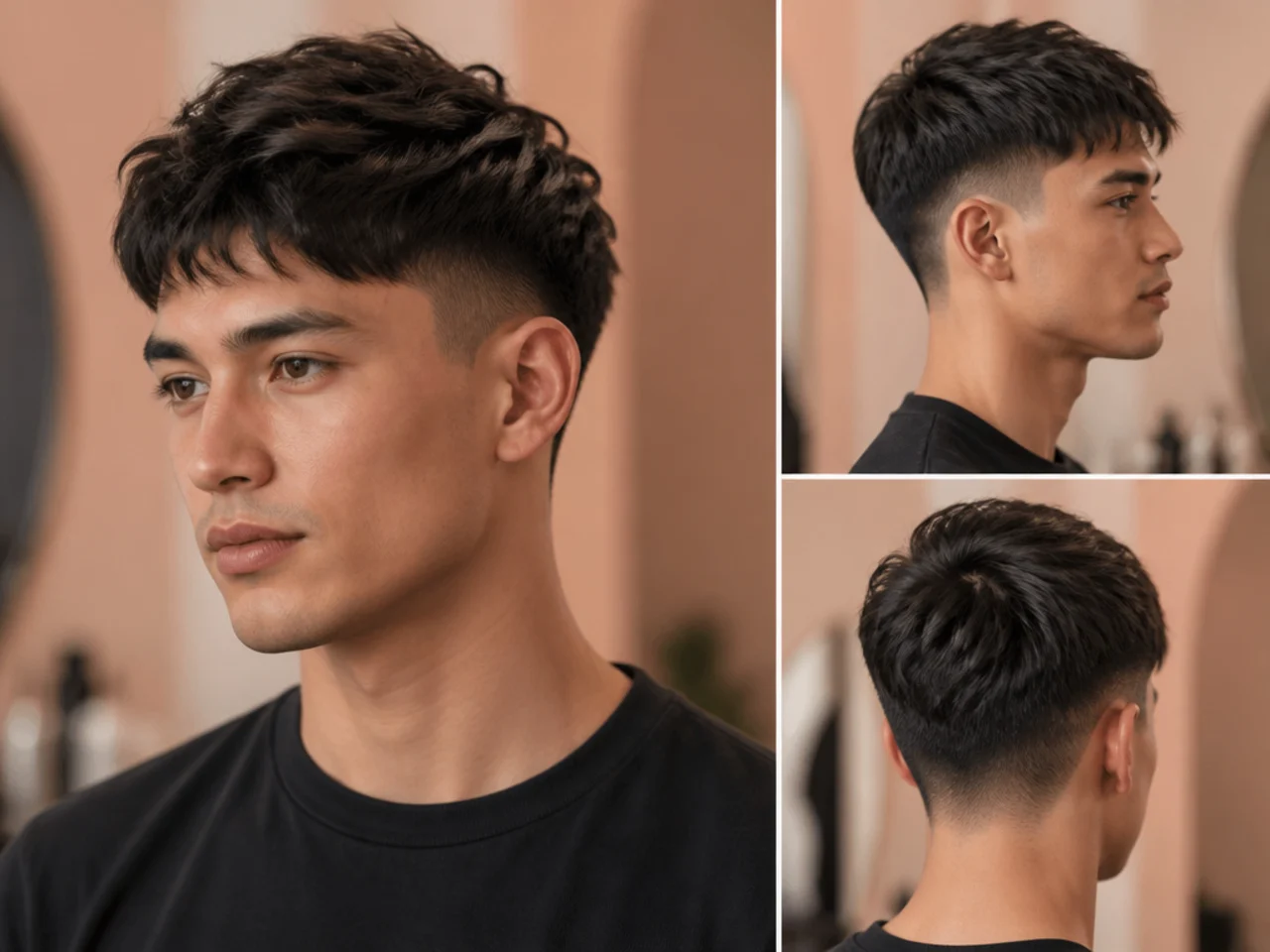 Short two block with mid fade at the temple on thick black Asian hair